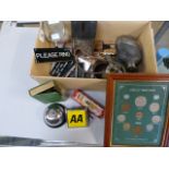 A Box of misc items to include car badges, Framed coins, Harmonicas and hip flasks etc