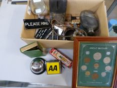 A Box of misc items to include car badges, Framed coins, Harmonicas and hip flasks etc