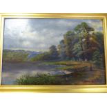 An oil on canvas signed J Bell of Wooded river landscape and dated 1904