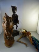 Two Carved wooden figures - one with movement and a carved painted figure of a Tribal Lady