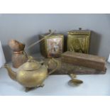 Two brass tea caddys, Cribbage board etc