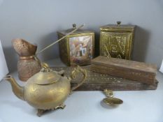 Two brass tea caddys, Cribbage board etc