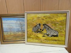 An oil of Two resting Zebras signed Ivor Price 1969 and one other oil of landscape