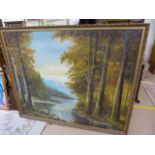 A large oil painting of a river scene