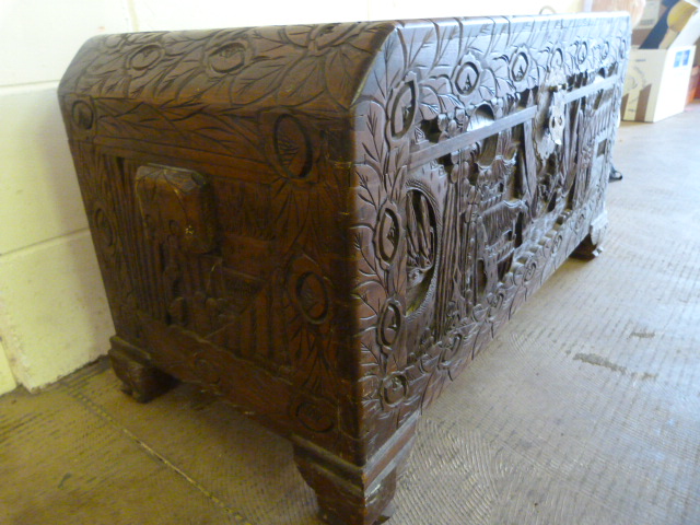 A Chinese Camphorwood chest with heavily carved inset decoration - Image 2 of 5