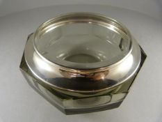 Art Deco Saunders & Shepherd 8 sided jar in a thick Smokey glass with a sterling silver and clear