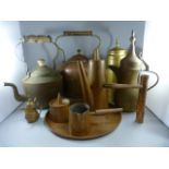 An oriental oil Ewer, two copper teapots, chocolate pourers etc