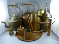 An oriental oil Ewer, two copper teapots, chocolate pourers etc
