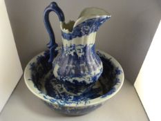 A Victoria Ware antique Blue and white wash bowl and jug