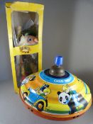 A Pelham puppet in box and a Chad Valley spinning top
