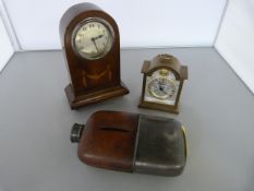 A small inlaid dome clock, a miniature Brass Tempess Clock and a Hip Flask