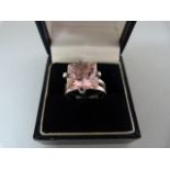 A Silver ring set with a square (approx 12mm) Pink CZ - Size - P (UK) 7.5 (USA)