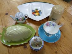 A Sutherland Tea cup and saucer, Carlton ware butter dish, Vintage stoneware salt shaker and other