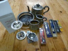 A small quantity of silverplated items to include part tea service and wine coaster etc