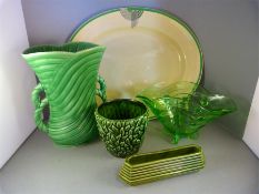 A Royal Doulton 'Tango' meat platter, an Art Deco Uranium glass vase and 3 Sylvac No. 4536, No. 4674