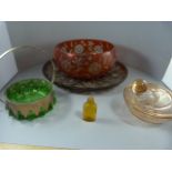 A small quantity of coloured glass ware to include candlestick and matching vases