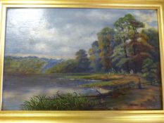 An oil on canvas signed J Bell of Wooded river landscape and dated 1904