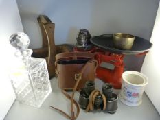 A Set of vintage weighing scales and weight, small trug, decanter, binoculars etc over 2 shelves