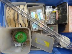 A Box containing misc fishing rods, hooks and pieces etc