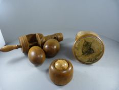 A quantity of treen items to inlclude a pot with lacquered top etc