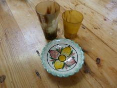 A Quimper pin dish and two worked horn beakers
