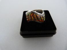 A Silver Ring Wave Design band approx 10.5mm wide set with Synthetic Black Opal Size - R(UK) 8-5/