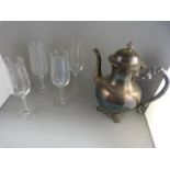 A Silverplated tea pot and four Etched champagne glasses
