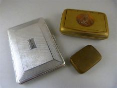 A Tobacco pot with bronze horse head medallion to the front, Silverplated cigarette case and a brass