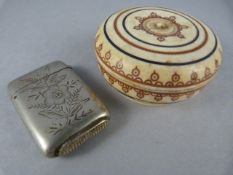 A Bone handpainted snuff box and a silverplated Vesta/Matchstriker