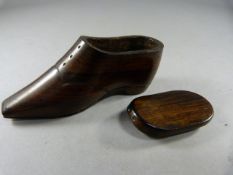 A Treen Snuff box in the form of a shoe (possibly oak)