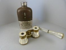 Mother of pearl opera glasses with handle and a Silverplated hip flask