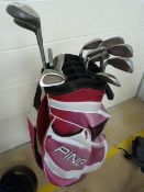 Ping Golf bag containing set of Select Model irons 3 - 9 sand Wedge pitcher, Putter and 3&5 Woods