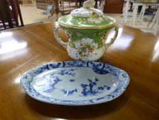 A Creil Montereau blue and White transfer egg plate and a Large two handled pot with encrusted