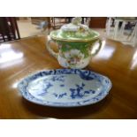 A Creil Montereau blue and White transfer egg plate and a Large two handled pot with encrusted