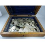 A large quantity of Early English silver coins to include Shillings and Sixpences etc in an Oak Box