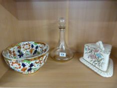 A Victorian foliate decorated bowl, cheese dish and glass decanter