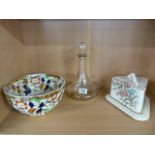 A Victorian foliate decorated bowl, cheese dish and glass decanter