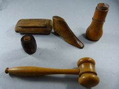 A Treen snuff box, apprentice piece, miniature gavel and other trinket pieces