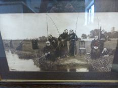 Two Vintage black and white prints - 1 depicting a fishing scene and one depicting a meeting