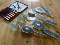 A Dressing table set and two glass frogs and a boxed set of cutlery