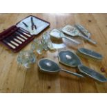 A Dressing table set and two glass frogs and a boxed set of cutlery