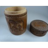 A Chinese carved bamboo brush pot with markings inside and to base - Clear cracks to sides,