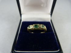 A 9ct Yellow Gold victorian style ringset with three Emeralds and two small Diamond Size M(UK) 6(