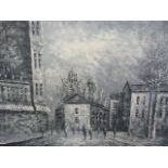 A Black and white oil on canvas by Caroline C Burnett of a parisian scene 95 x 125