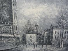 A Black and white oil on canvas by Caroline C Burnett of a parisian scene 95 x 125