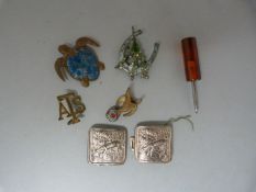 A Silverplated nurses buckle, enamelled blue turtle badge and other pieces etc