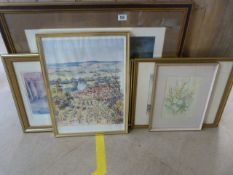 A quantity of six paintings/prints to include a Russel Flint, Patrick Adam and others etc