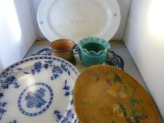 Two blue and white platters (one Minton),two others and a pot marked Honiton