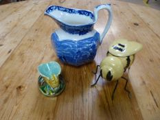 A Blue and White Transfer jug (Wedgwood), Wedwood spill? vase in the studio pottery style and a