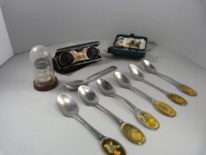 A quantity of fishing flys, opera glasses, 7 x Tetley collector teaspoons and a Rexer Optical lense